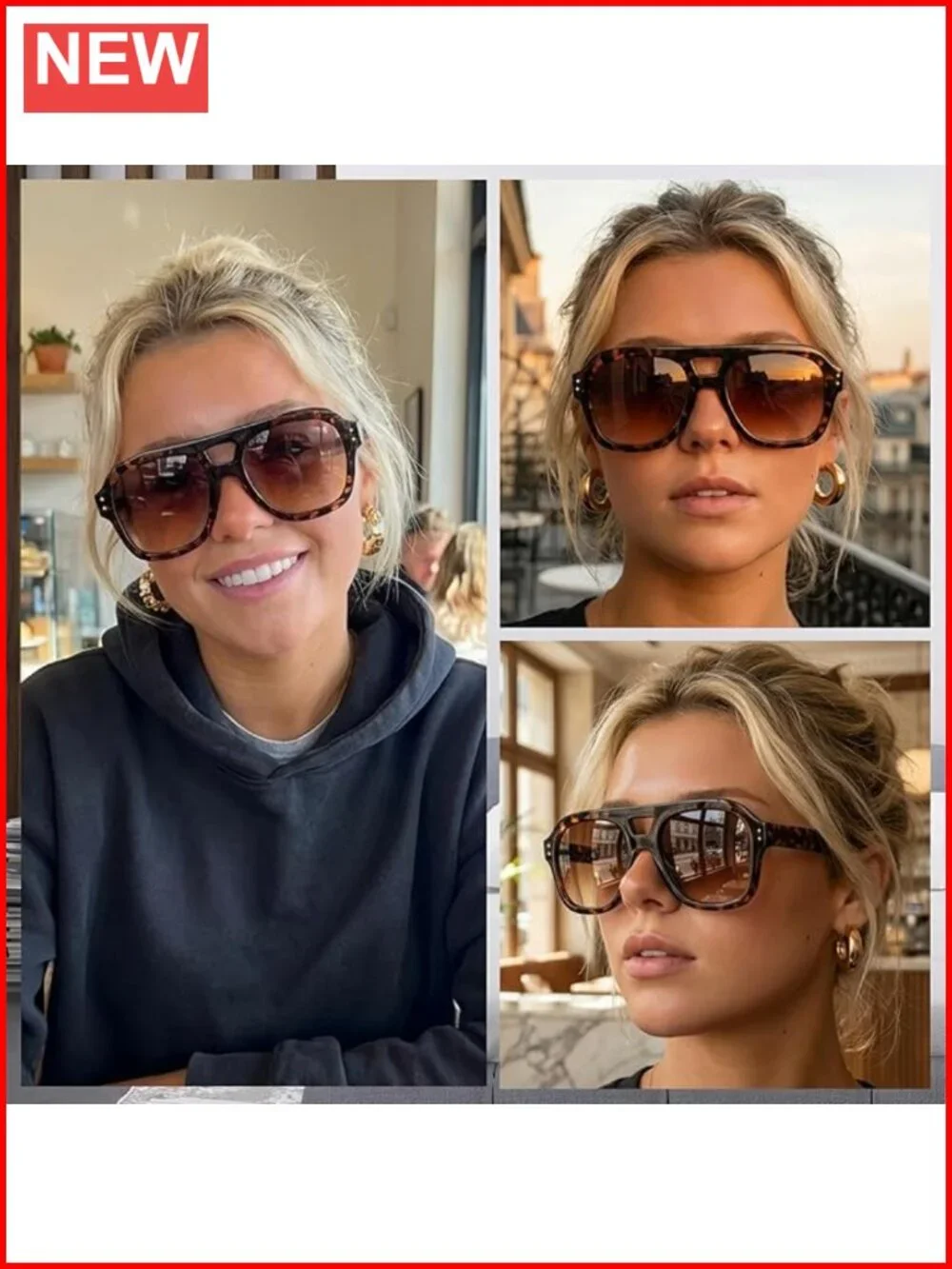 Vintage Aviator Sunglasses Double Bridge Square Thick Frame UV400